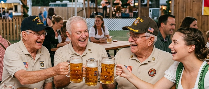 Families and veterans raise beer mugs beneath an OKTOBERFEST sign